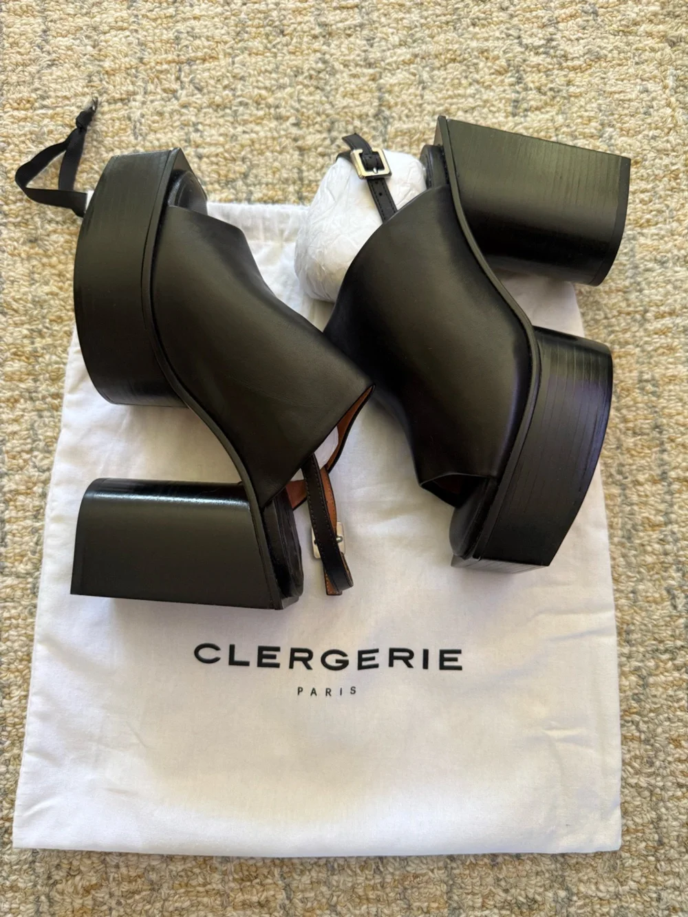 Robert Clergerie Black Leather Square Toe Platform Slingback Sandals